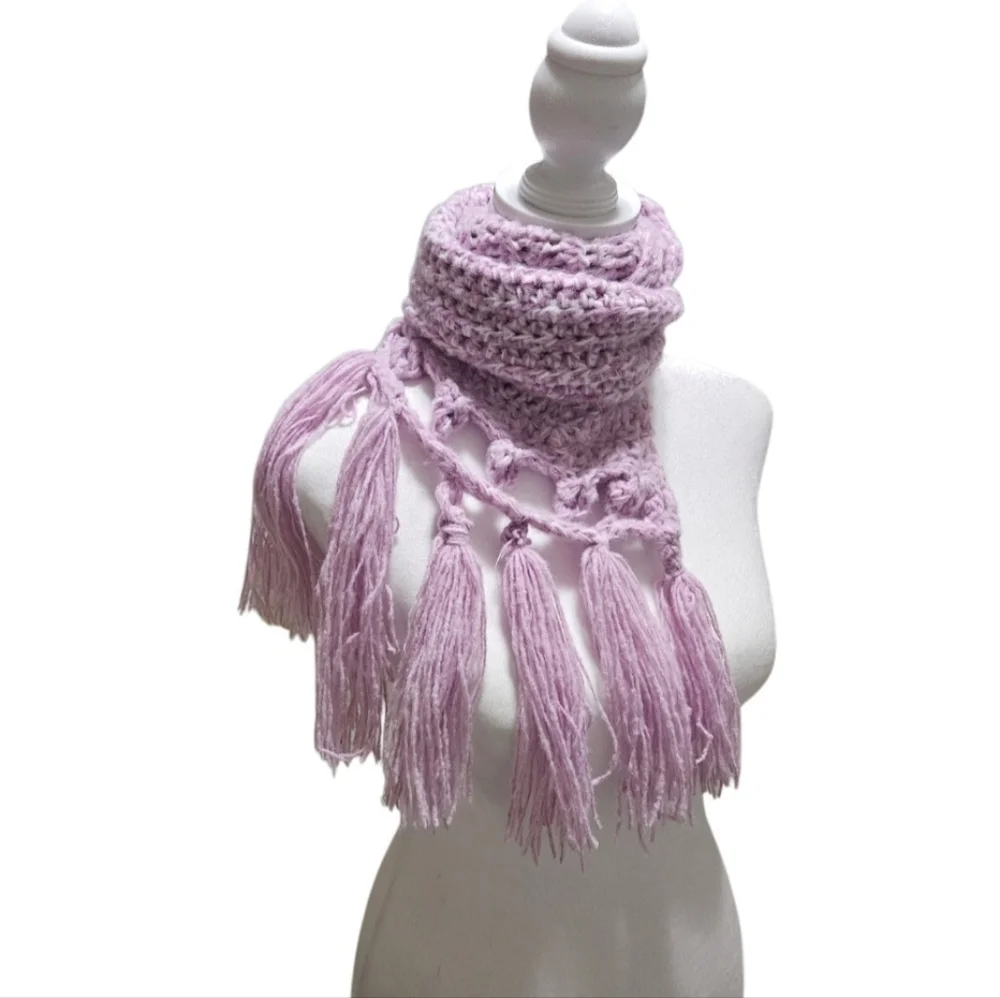 Hand Crafted Crochet 2-piece Set Fringe Scarf & Winter beanie Purple chunky knit